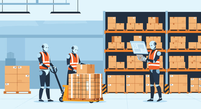 Modern automated warehouse facility where robotic workers efficiently move pallets, scan documents, and organize inventory on tall storage shelves.