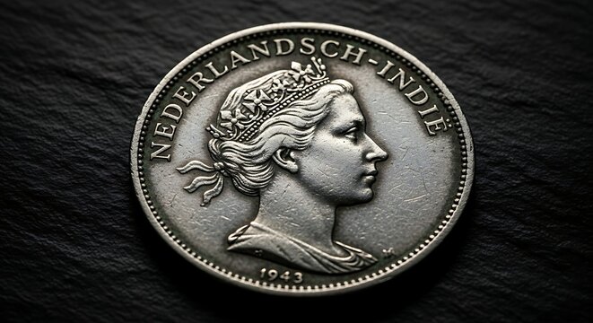 Close-up of 1943 Dutch East Indies Silver Coin Featuring Queen Wilhelmina