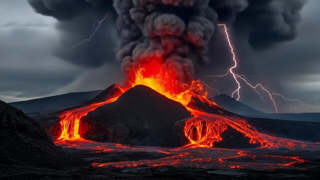 A volcanic eruption with lava flows and lightning under a dark, stormy sky with ash cloud