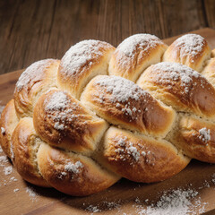Fototapeta premium A golden braided bread with powdered sugar on a wooden board