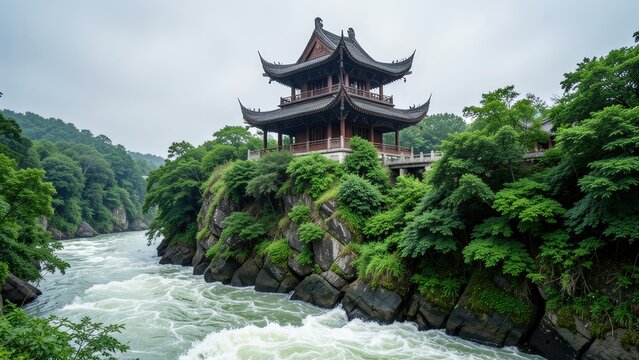 Majestic multi‑tiered ancient Chinese pavilion with ornate dark‑tiled roofs and dramatic flying eaves set atop a steep, verdant rocky outcrop above a turbulent white‑water river under an overcast sky
