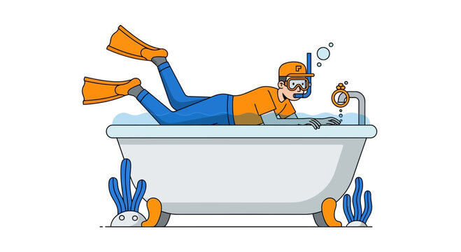 Man Relaxing in a Bathtub Wearing Diving Gear.