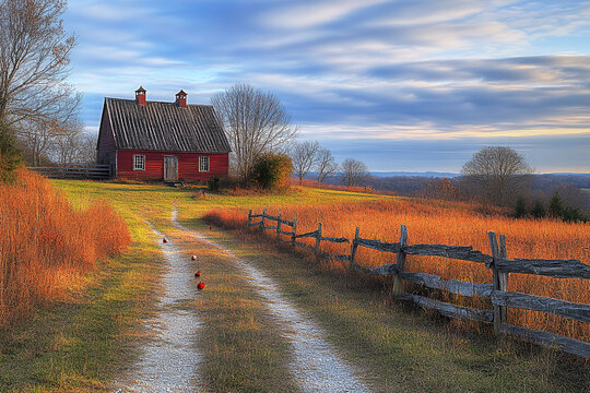 A rustic red barn sits on a hilltop overlooking a scenic autumn landscape, with a dirt road leading to it and birds walking along it