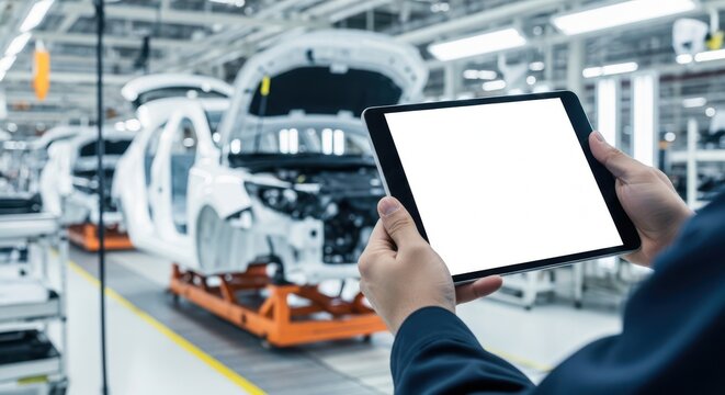 A person in a factory holding a tablet with a blank screen, inspecting a car on an assembly line