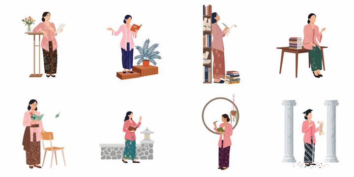 Flat illustration set of Indonesian women in traditional kebaya celebrating Kartini Day through education, reading, writing, and literature activities.