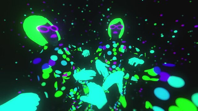 4K seamless VJ loop with four dancing figures in star-patterned bodysuits and glowing helmets for VJ sets, high-tech club visuals, electronic music festivals, stage screens and for LED video walls