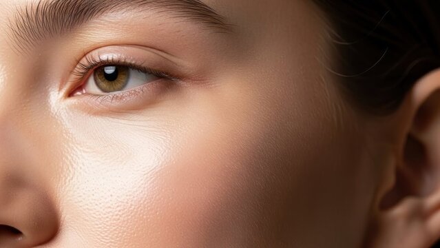 A close-up of a person's face, showcasing their eye and cheek with detailed skin texture and subtle facial features