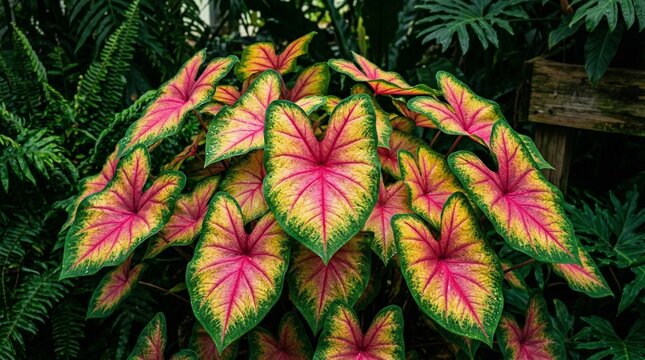Gorgeous caladium plant with vibrant green leaves in a garden setting with copy space image
