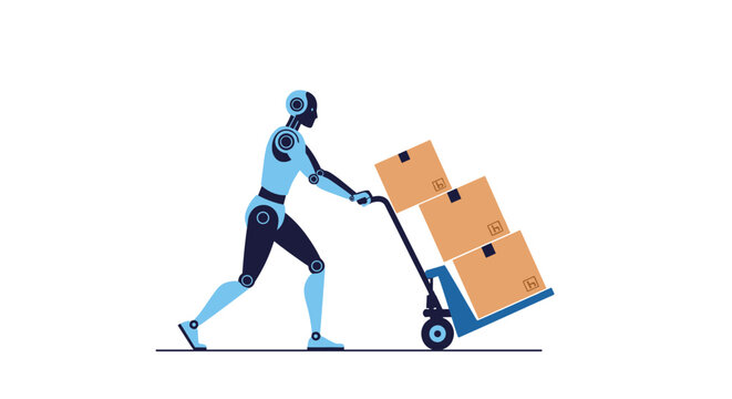Blue industrial robot pushing a hand truck with three brown cardboard boxes on a white background in a simple illustration.