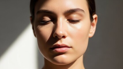 Naklejka premium A woman's face illuminated partially by sunlight against a gray background