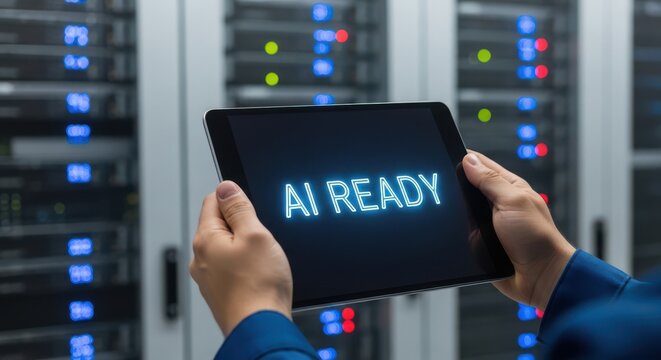 A person holding a tablet with AI Ready displayed on the screen in front of server racks