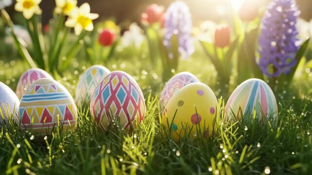 A close-up of vibrant, decorated eggs nestled in lush green grass surrounded by colorful flowers