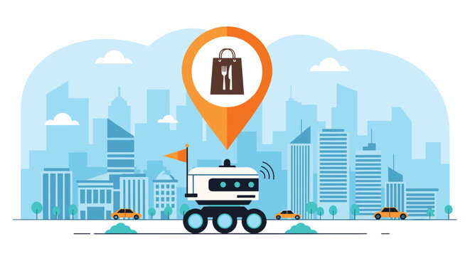 Autonomous food delivery robot moving through a city street with a location pin icon in the background sky above the skyline.