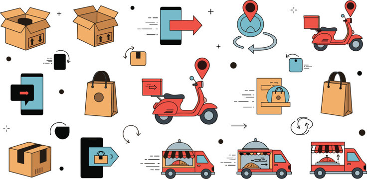 Delivery service and online shopping logistics set with courier scooter packages tracking and shipping process vector illustration collection