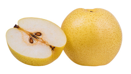 Fototapeta premium Ripe Asian pear halved revealing seeds, next to whole golden fruit