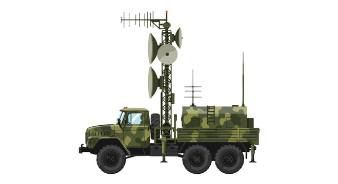 A large green camouflage military truck is equipped with a tall communication tower and multiple satellite dishes.