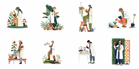 Fototapeta premium Diverse set of botanists and plant scientists studying nature, flowers, and flora in various environments, flat vector illustration isolated on white.