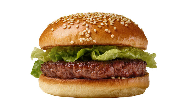 Sesame seeded bun embracing juicy beef patty crisp lettuce, and golden toasted bread
