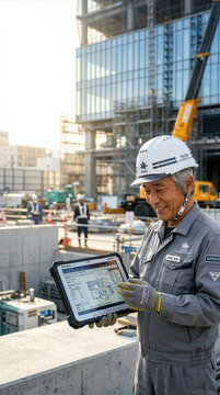 Professional Japanese senior construction supervisor using a tablet with a confident smile, active senior recruitment, copy space