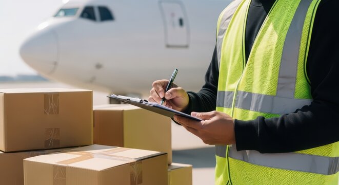 A person in a high-visibility vest checking boxes next to an airplane