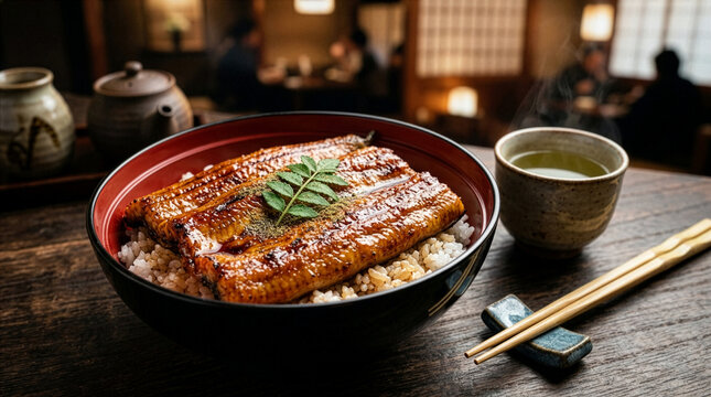 Luxury Japanese grilled eel bowl (Unagi Kabayaki) for Doyo-no-Ushi, professional food photography, copy space
