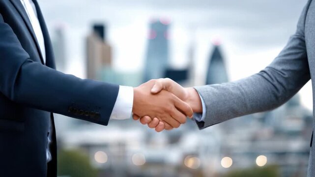 Agreement handshake in Urban Setting: Two business persons engaging in a handshake, an emblem of partnership, commitment and agreement. It's a symbolic scene of collaborative achievement.