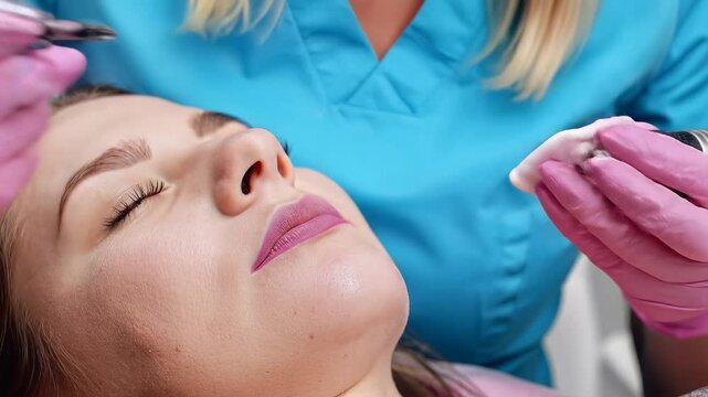 Permanent Makeup Artist Applying Lip Tattoo with Machine.
