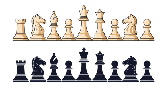 Complete collection of black and white chess pieces arranged in rows for a strategic battle on a classic checkered game board.