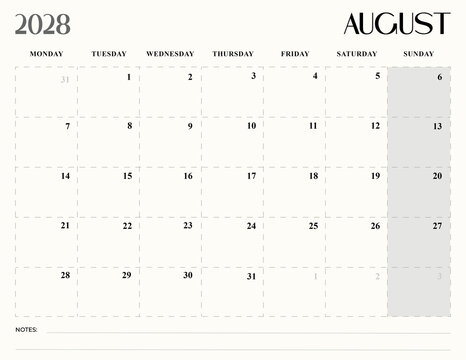 August 2028 Monthly Calendar Minimal Planner Monday Start Printable Clean Aesthetic Template
