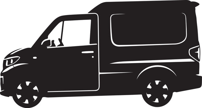 Black van silhouette, delivery truck icon, vehicle outline, transportation symbol