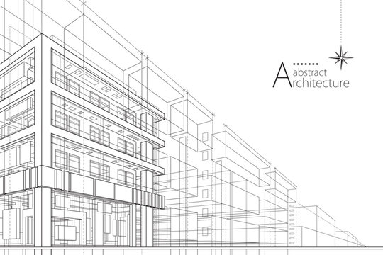 3D illustration Outline drawings of imaginative architecture construction abstract modern urban buildings.