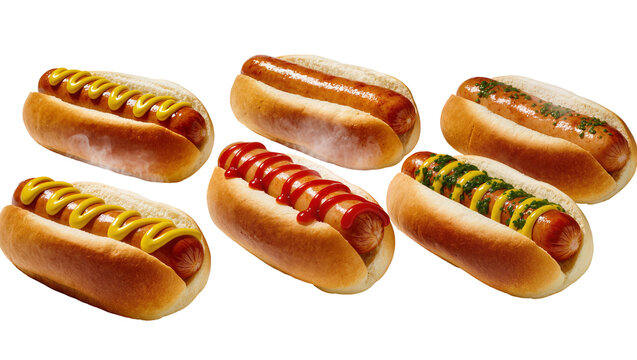 Grilled hotdogs with mustard ketchup and relish on soft buns, presented in a row