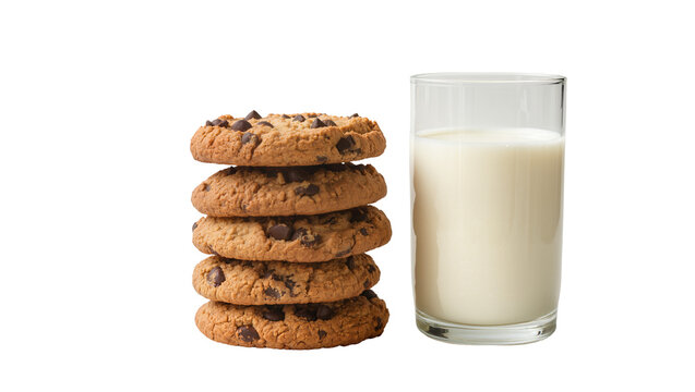 Stacked chocolate chip cookies beside a tall glass of cold milk