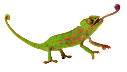 Fototapeta premium Vibrant green chameleon displaying pink tongue, exhibiting mottled orange spots on its textured skin