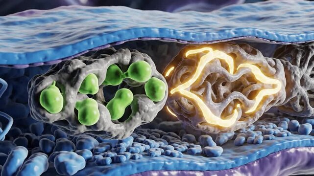 Microscopic view of green particles inside a cell with glowing structures