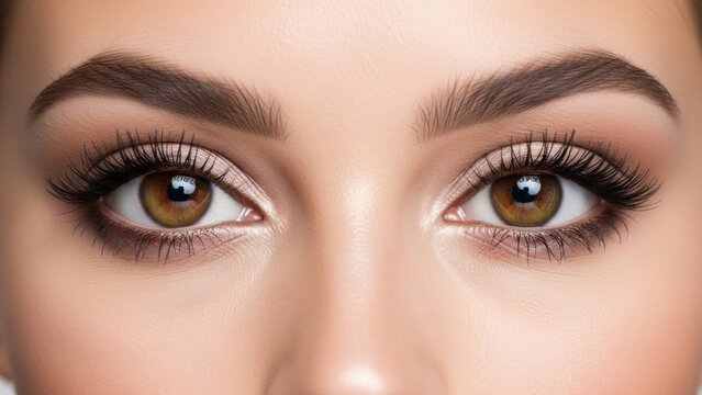 A close-up of a woman's eyes with light brown irises and thick eyelashes