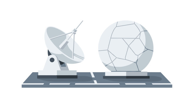 A grey parabolic radar dish and a spherical radome sit side-by-side on a dark grey platform against a white background.