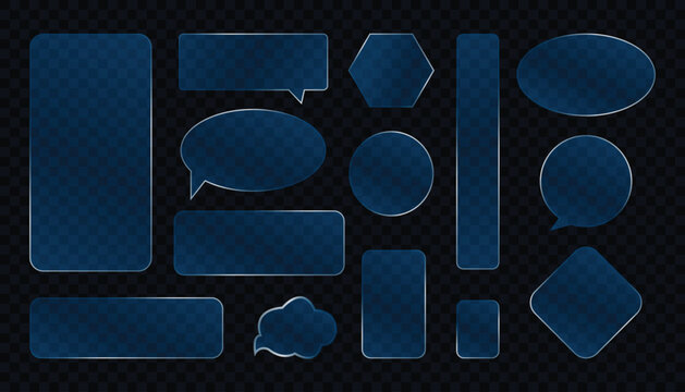 Dark blue glass morphism speech bubble chat boxes element collection transparent frosted glass vector illustration bundle