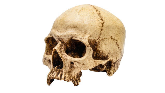 Antique human skull displaying detailed bone structure, resting on a plain surface