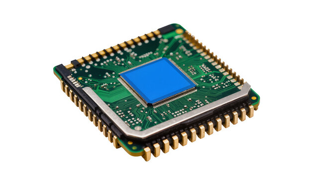Modern green circuit board, featuring a central blue square microchip