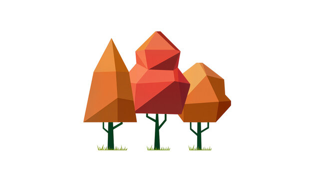 Geometric orange red and brown trees with triangular foliage, standing on green grass