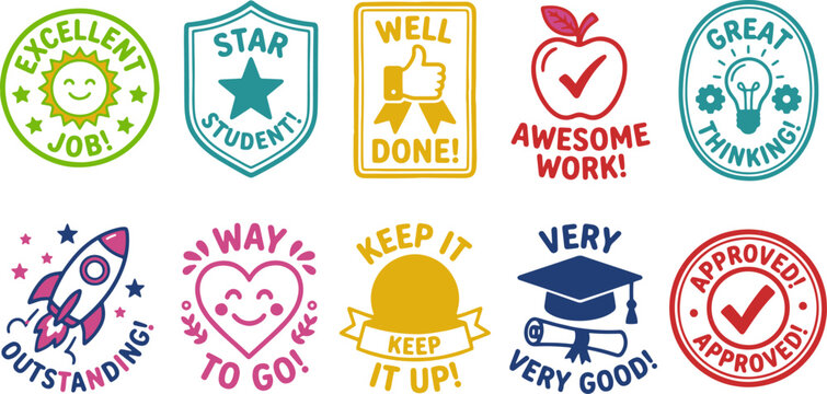 A colorful illustration of grading teacher stamps and stickers for students