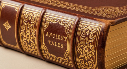 Fototapeta premium Close-up of a richly detailed antique leather-bound book titled 'Ancient Tales' with ornate gold tooling, evoking a sense of history, knowledge, and timeless storytelling.