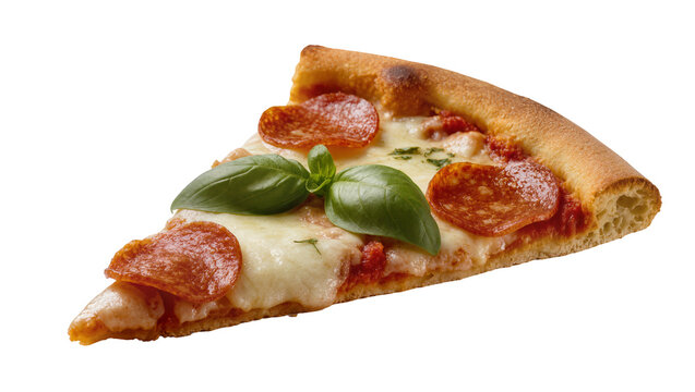 Pepperoni pizza slice featuring melted cheese basil leaves, and crispy crust