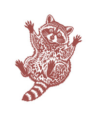 Naklejka premium Vintage raccoon woodcut illustration, rustic brown forest animal engraving, hand drawn raccoon character in retro linocut style on white background