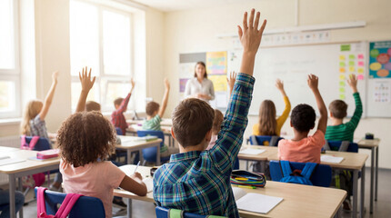 Bright classroom with students raising hands and teacher engaging young learners in school lesson