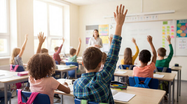 Bright classroom with students raising hands and teacher engaging young learners in school lesson