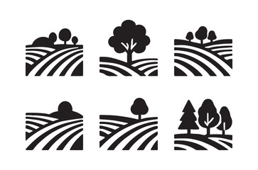 Stylized landscape icons featuring trees and rolling hills in black