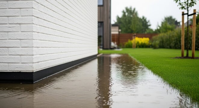 A flooded backyard with a white brick house and green grass on a rainy day