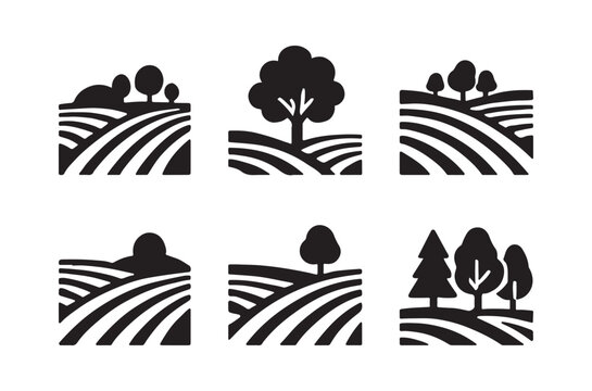 Stylized landscape icons featuring trees and rolling hills in black